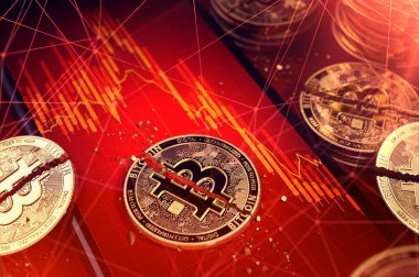 Kırık bitcoin iki adet hisse senedi piyasasında diyagramı kırmızı renk ile smartphone ekranında döşeme bölünmüş. Bitcoin yatırımcılar kavramı için kötü haber. 3D render