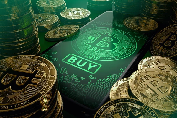 Stapel Von Bitcoin Münzen Und Ein Smartphone Bildschirm Mit Großem — Stockfoto