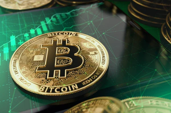 Green Diagrams Indicating Bitcoin Growth Big Revenues Cryptocurrency Investors Concept — Stock Photo, Image