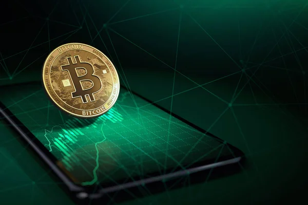 Goldener Bitcoin Schwebt Über Einem Smartphone Mit Grünem Wachstumsdiagramm Darauf — Stockfoto