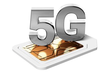 Beyaz arka plan üzerinde izole SIM kart gümüş 5g işareti. Yüksek hızlı mobil web teknoloji. 3D render