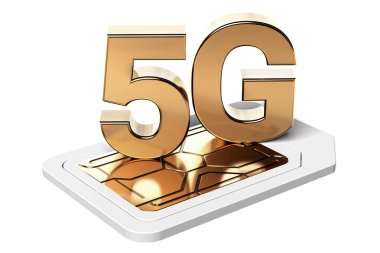 Beyaz arka plan üzerinde izole SIM kart altın 5g işareti. Yüksek hızlı mobil web teknoloji. 3D render