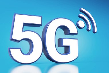 5g beyaz harflerle büyük closeup ayakta boşaltmak için mavi zemin üzerine. 3D render