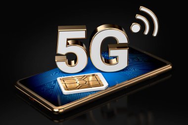 5g işareti yanındaki SIM kart ile akıllı telefon ekranında. Siyah arka plan üzerine izole. Yüksek hızlı mobil web teknoloji. 3D render