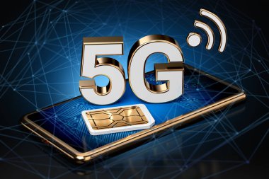 5g yüksek hızlı ağ düğümü olan yanındaki SIM kart ile akıllı telefon ekranında oturum. Yüksek hızlı mobil web teknoloji. 3D render