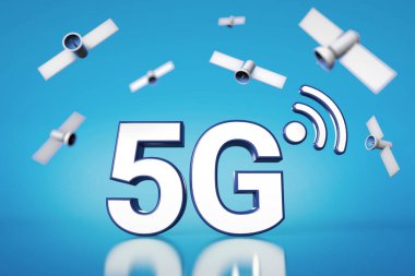 5g beyaz harfler üzerinde uçan uydular ile mavi arka plan üzerinde duran. 3D render