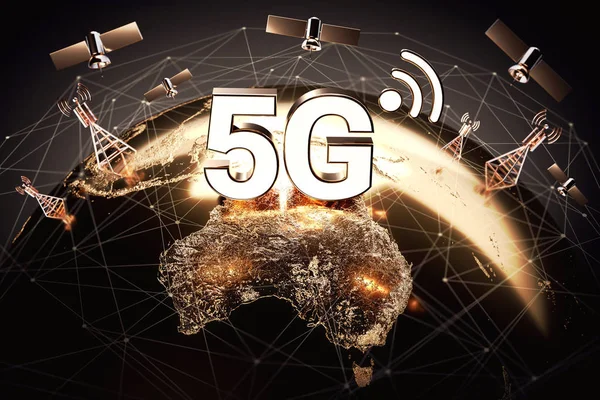 Global connectivity concept with worldwide communication network and 5G letters standing above territory of Australia. 3D rendering