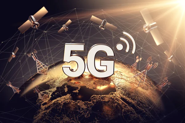 Global connectivity concept with worldwide communication network and 5G word. Focused above territory of Europe concept. 3D rendering