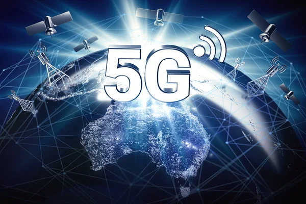 Global connectivity concept with worldwide communication network and 5G letters standing above territory of Australia. 3D rendering