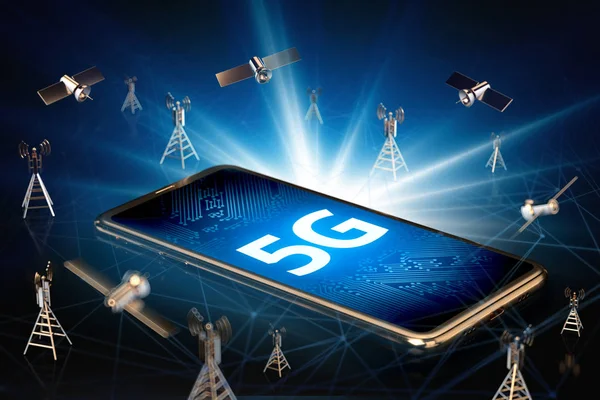 Smartphone Sign Screen Laying Surrounded Network Towers Satellites High Speed — Stock Photo, Image