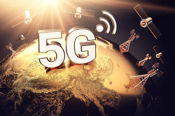 Global connectivity concept with worldwide communication network and 5G letters. Focused above territory of China. 3D rendering