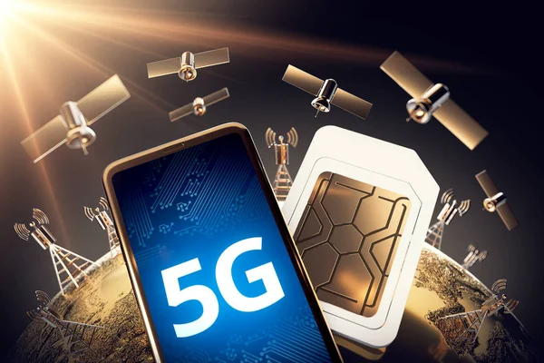 Global connectivity concept with worldwide communication network and 5G word. 3D rendering