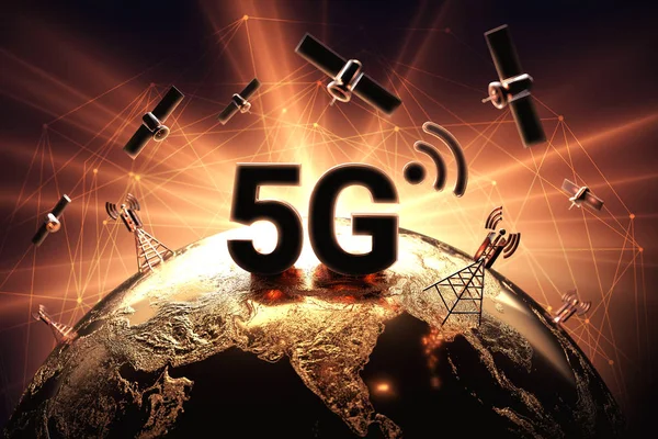 Conflict around 5G network illustrated with closeup on the globe and red and orange flare. War on 5G network concept. 3D rendering