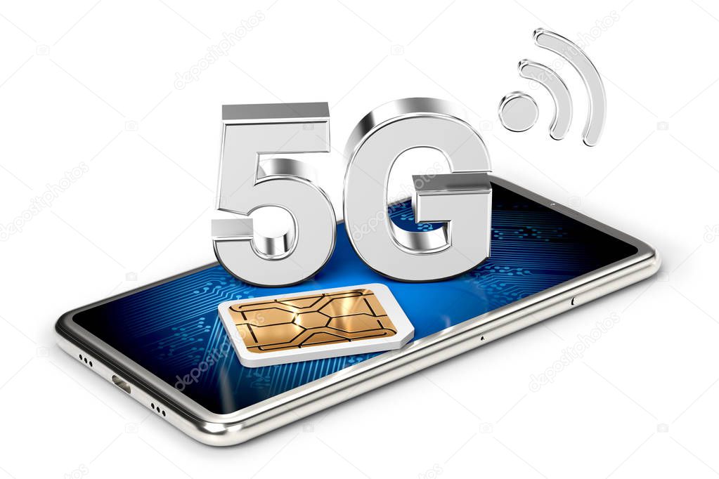 Silver 5G sign on smart phone screen with sim card next to it. Isolated on white background. High speed mobile web technology. 3D rendering
