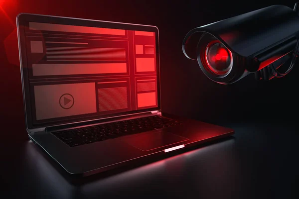 Red camera lense scanning computer for history logs and browsing data. European parliament directive to rectrict use of internet concept. 3D rendering — Stock Photo, Image
