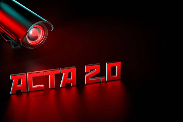 Der feindliche cctv hat ein Auge auf acta 2.0 geworfen. vereintes europäisches Parlament Regulierung, die das Internet verändern können wir Konzept kennen. 3D-Darstellung — Stockbild Der feindliche cctv hat ein Auge auf acta 2.0 geworfen. vereintes europäisches Parlament Regulierung, die das Internet verändern können wir Konzept kennen. 3D-Darstellung — Stockfoto