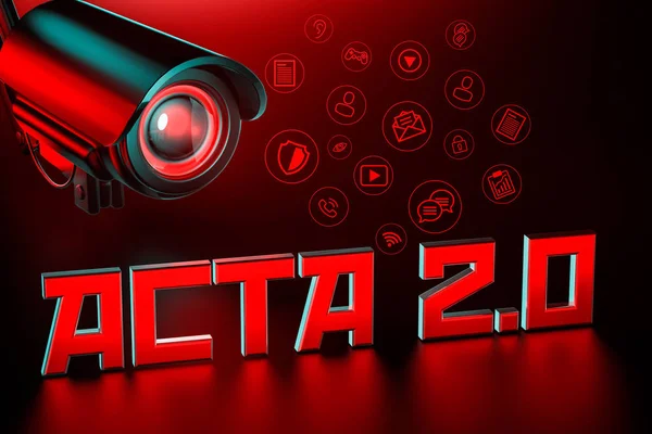 Der feindliche cctv hat ein Auge auf acta 2.0 geworfen. vereintes europäisches Parlament Regulierung, die das Internet verändern können wir Konzept kennen. 3D-Darstellung — Stockbild Der feindliche cctv hat ein Auge auf acta 2.0 geworfen. vereintes europäisches Parlament Regulierung, die das Internet verändern können wir Konzept kennen. 3D-Darstellung — Stockfoto