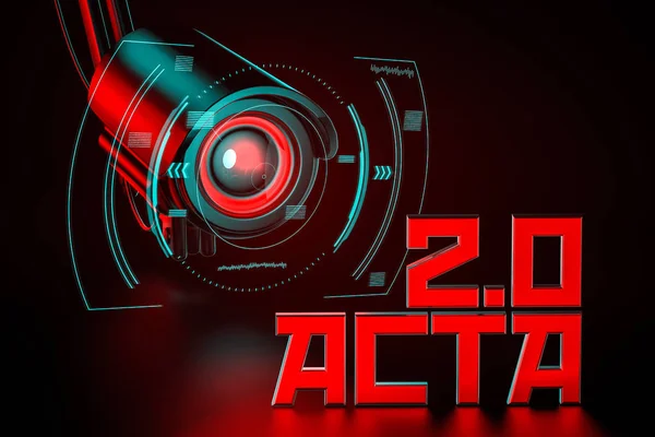 Der feindliche cctv hat ein Auge auf acta 2.0 geworfen. vereintes europäisches Parlament Regulierung, die das Internet verändern können wir Konzept kennen. 3D-Darstellung — Stockbild Der feindliche cctv hat ein Auge auf acta 2.0 geworfen. vereintes europäisches Parlament Regulierung, die das Internet verändern können wir Konzept kennen. 3D-Darstellung — Stockfoto