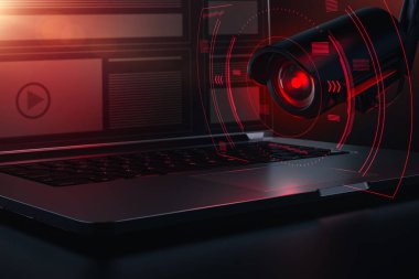Parolalar, duyarlı veri ve olası arka kapılar için bilgisayar tarama kırmızı kamera göz. Mobil veri gözetim. Güvenlik açığı hacker kavramı saldırır. 3D render