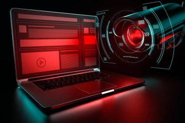 Ofis bilgisayarı ve cctv hassas verileri için arama. Casusluk olay kavramı. 3D render