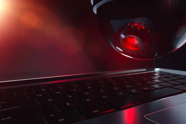 Dome cctv and keyboard in close up shot. Artificial Intelligence and possible threats concept. 3d rendering — Stock Photo, Image