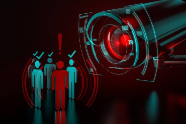 Dev kamera checkes grup AI tahrik (yapay zeka) gözetim sistemi dünya üzerinde kontrol alarak bir metafor olarak insan kavramı biliyoruz. 3D render