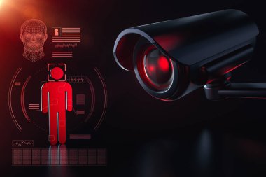 CCTV gözetim güvenlik sistemi konsepti içinde vatandaş hakkında bilgi kontrol ediyor. Big brother kavramı izliyor. 3D render