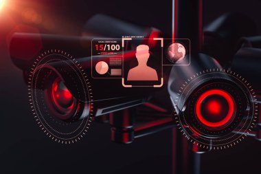 CCTV gözetim güvenlik sistemi, sosyal kredi sistemi kavramı vatandaş hakkında bilgi kontrol ediyor. 3D render