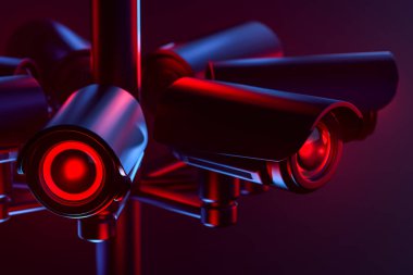 Pilon Cctv'ın kayıtları ve kişiler ile ilgili bilgileri toplar. Kalıcı güvenlik kavramı. 3D render