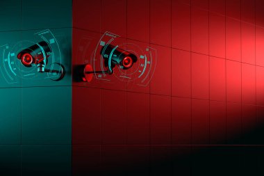 İki Cctv kamera köşesinde. Binanın bir tarafı yeşil öbür kırmızıdır. 3D render