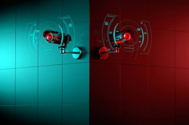 İki güvenlik Cctv kamera ile futuristik bir arayüze ihlali için tarama, çevreleyen. 3D render