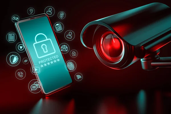 Big CCTV focusing on a smartphone and icons hovering around it as a metaphor of data leakage and ways to protect it. 3D rendering — Stock Photo, Image
