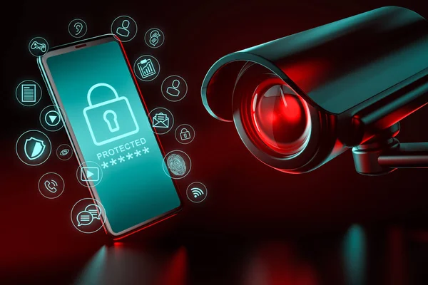 Büyük Cctv odaklanan bir akıllı telefon ve veri kaçağı ve bunu korumak için yollar bir metafor olarak etrafında gezinip simgeler. 3D render