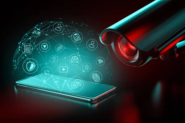 Big CCTV focusing on a smartphone and icons hovering above it as a metaphor of data surveillance and ways to protect it. 3D rendering — Stock Photo, Image