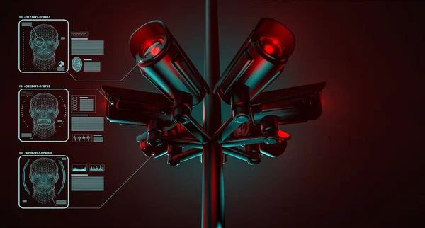 CCTV is het controleren van informatie over burgers in veiligheid surveillancesysteem. Big brother is u kijken concept. 3D-rendering — Stockfoto