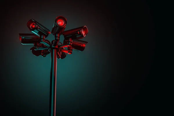 Sieben cctv-Überwachungskameras auf dem Straßenpylon mit einem Kopierraum rechts. dienen und gehorchen Gesellschaftskonzept. 3D-Darstellung — Stockbild Sieben cctv-Überwachungskameras auf dem Straßenpylon mit einem Kopierraum rechts. dienen und gehorchen Gesellschaftskonzept. 3D-Darstellung — Stockfoto