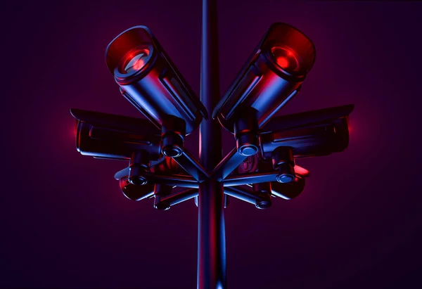 Pylône avec les dossiers de Cctv et recueille des informations sur la communauté. Concept de sécurité publique et de surveillance permanente. rendu 3D — Photo