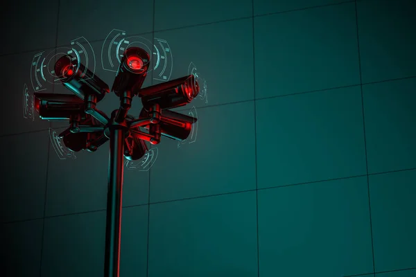 Sept caméras de surveillance cctv sur le pylône de la rue avec un espace de copie sur la droite. rendu 3D — Photo