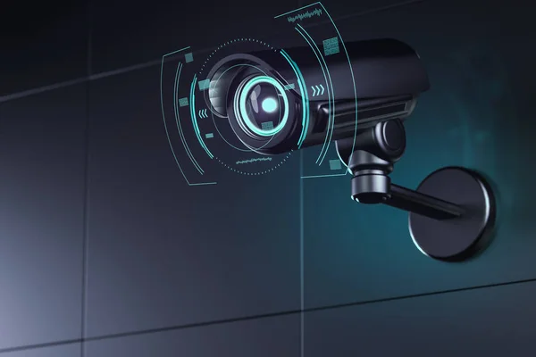 Surveillance camera on wall with futuristic interface around its lens as it analyzes surroundings. 3D rendering — Stock Photo, Image