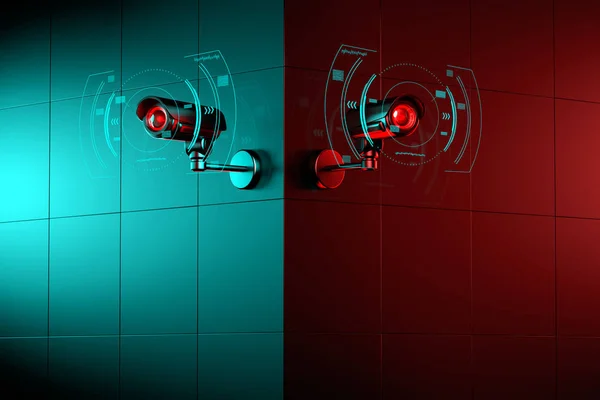 Två säkerhet Cctv kameror med futuristiska gränssnitt som omger det, som de Skanna för brott. 3D-rendering — Stockfoto