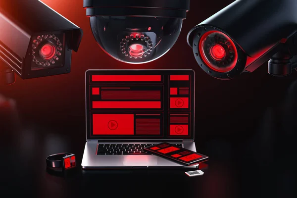 Datenleckage-Konzept. Drei verschiedene Videokameras spionieren einen Computer aus, der nach sensiblen Daten und Passwörtern sucht. 3D-Darstellung — Stockbild Datenleckage-Konzept. Drei verschiedene Videokameras spionieren einen Computer aus, der nach sensiblen Daten und Passwörtern sucht. 3D-Darstellung — Stockfoto