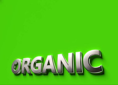 Üzerinde kopya alanı olan yeşil yüzeye yerleştirilen 3d işaret veya logo konsepti olarak organik kelime. Organik teknolojiler kavramı. 3d render