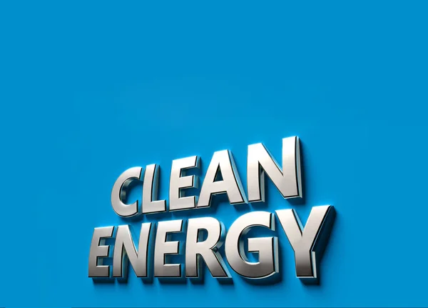 Energía limpia Combustible palabras como signo 3D o concepto de logotipo colocado en la superficie azul con espacio de copia por encima de ella. Nuevo concepto de tecnologías de energía limpia. Renderizado 3D — Foto de Stock
