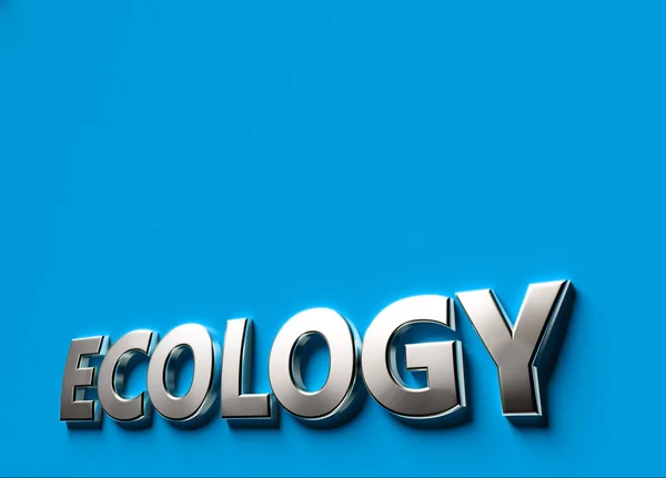 Ecology word as 3D sign or logo concept placed on blue surface with copy space above it. New ecological technologies concept. 3D rendering — Stock Photo, Image