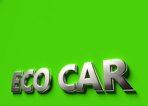 Eco λέξεις αυτοκίνητο ως σύμβολο 3D ή λογότυπο τοποθετείται σε πράσινη επιφάνεια με χώρο αντιγραφής πάνω από αυτό. Οικολογική τεχνολογία αυτοκινήτων. απόδοση 3D — Φωτογραφία Αρχείου