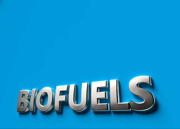 Biofuels word as 3D sign or logo concept placed on blue surface with copy space above it. New bio fuels technologies concept. 3D rendering