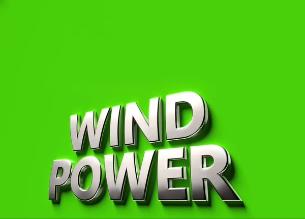 Slova o síle větru jako 3d znak nebo logo koncept umístěný na zeleném povrchu s kopírovacím prostorem nad ním. Nový koncept větrných technologií. 3D vykreslování — Stock fotografie