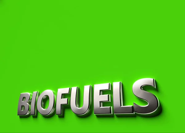 Η λέξη "βιοκαύσιμα" ως σύμβολο 3D ή λογότυπου τοποθετείται σε πράσινη επιφάνεια με χώρο αντιγραφής πάνω από αυτό. Νέα έννοια των τεχνολογιών βιολογικών καυσίμων. απόδοση 3D — Φωτογραφία Αρχείου