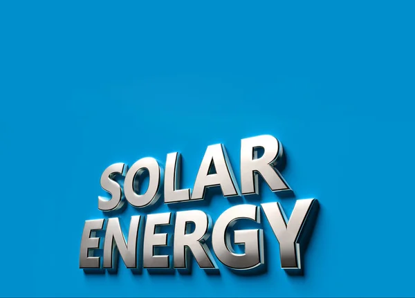 Energía solar Combustible palabras como signo 3D o concepto de logotipo colocado en la superficie azul con espacio de copia por encima de ella. Concepto de nuevas tecnologías de energía solar. Renderizado 3D —  Fotos de Stock