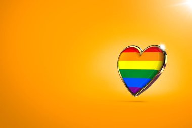 İçinde gökkuşağı olan altın kalp. Aşk aşk kavramıdır. Turuncu arka plan, kopya alanı. 3d render